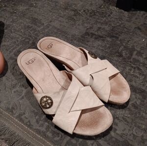 UGG Australia Lyra Women’s Beige Ran Cork Leather Comfort Wedge Sandals Size 7